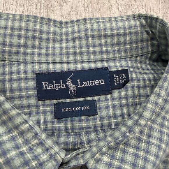 Vintage Polo Ralph Lauren Button Down Shirt Men's 2X Big Green Blue Plaid 90s - Picture 4 of 7